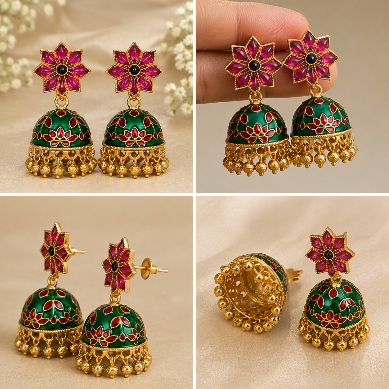 Traditional Gold-Tone Green & Pink Enamel Jhumka Earrings for Women