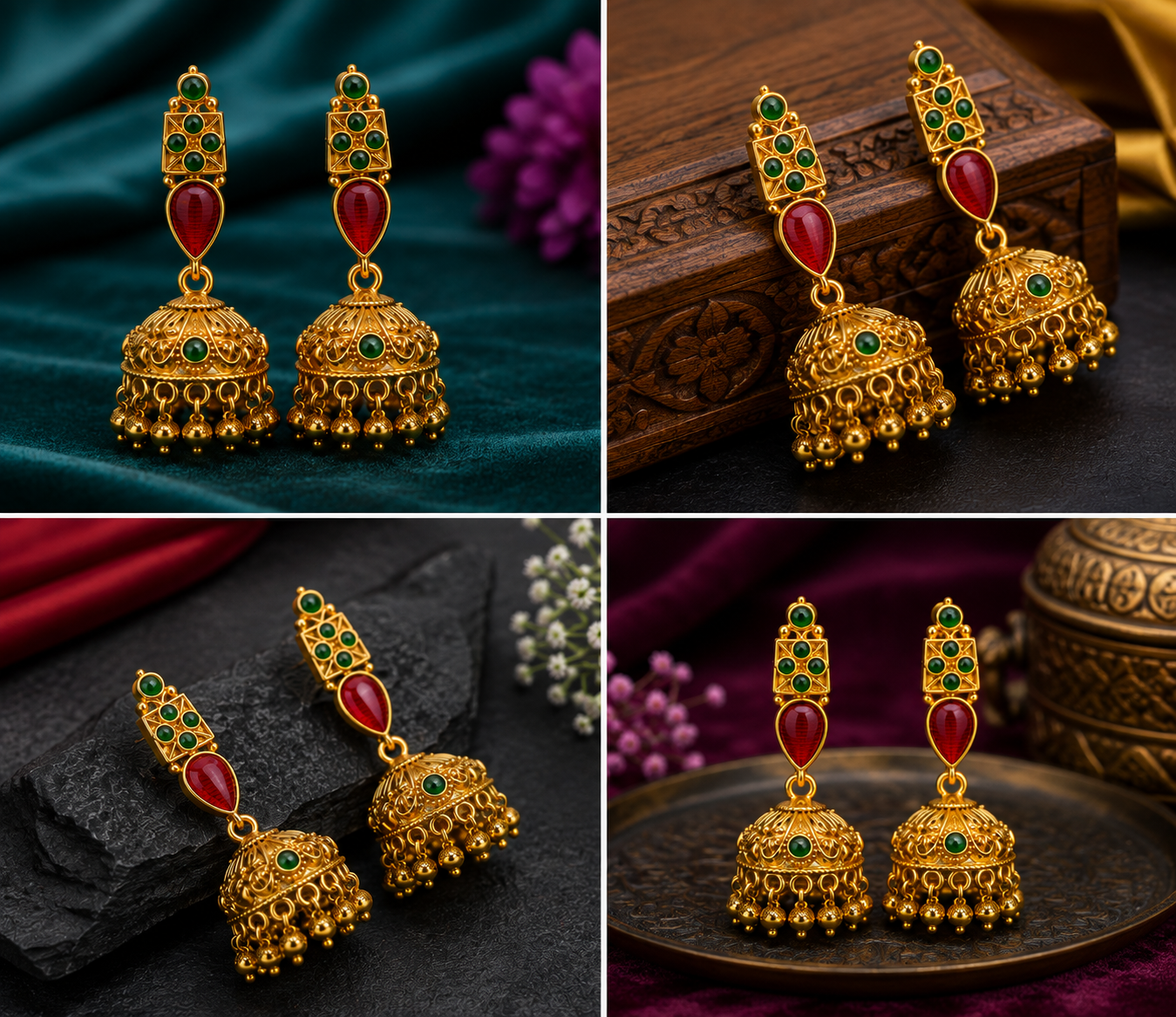 Gold-Tone Green & Red Stone Jhumka Earrings