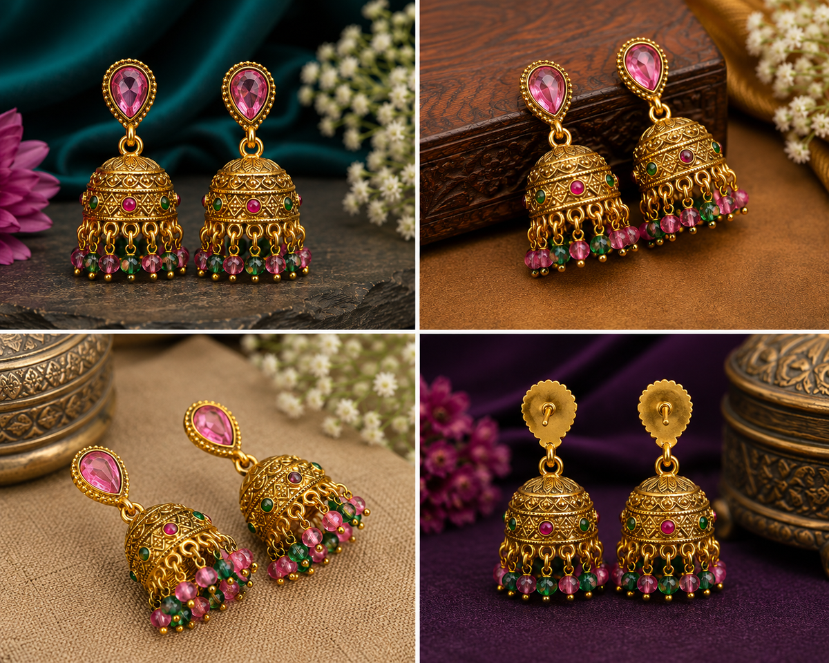 Gold-Tone Pink Stone Jhumka Earrings.