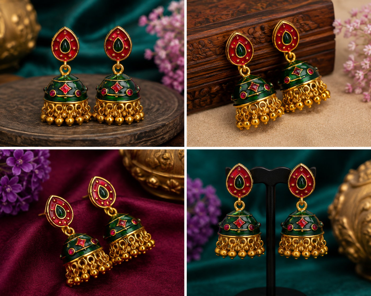 Gold-Tone Green & Red Designer Jhumka Earrings