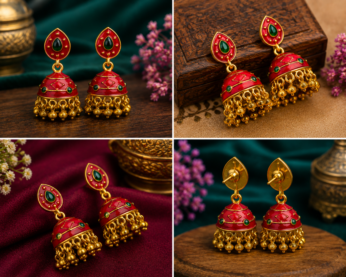 Red & Green Gold-Tone Designer Jhumka Earrings