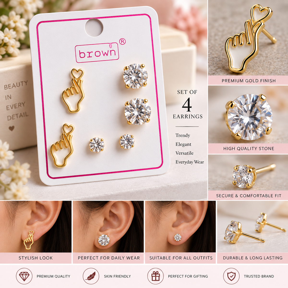 Stylish Gold-Tone & Sparkling Stone Earrings Set β Set of 4