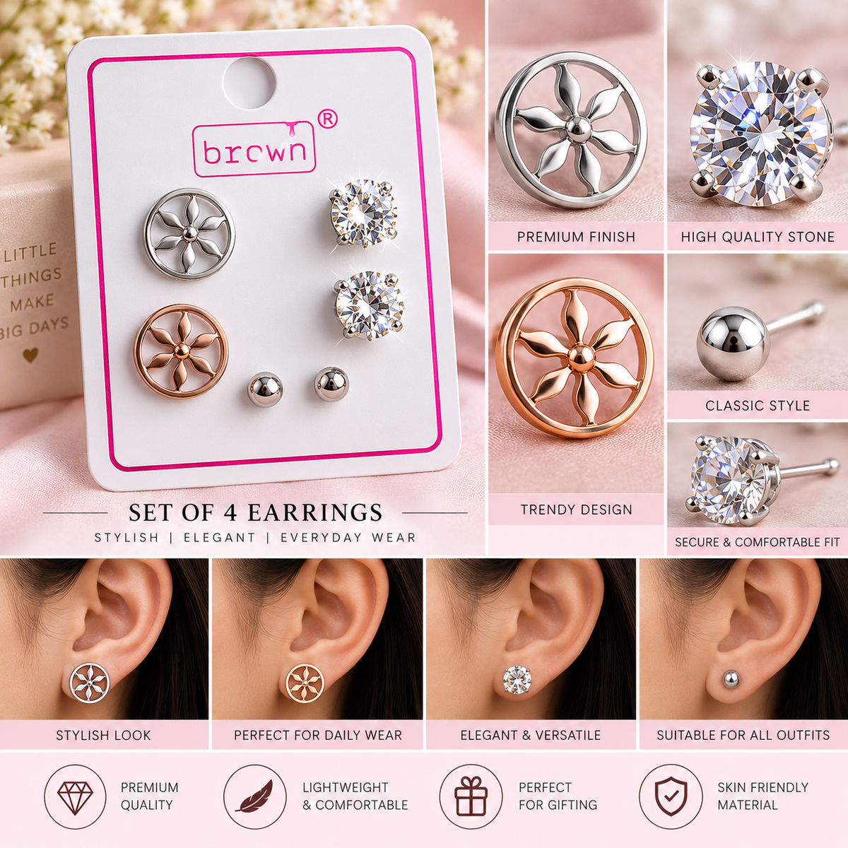 Stylish Flower Design & Sparkling Stone Earrings Set โ Set of 4