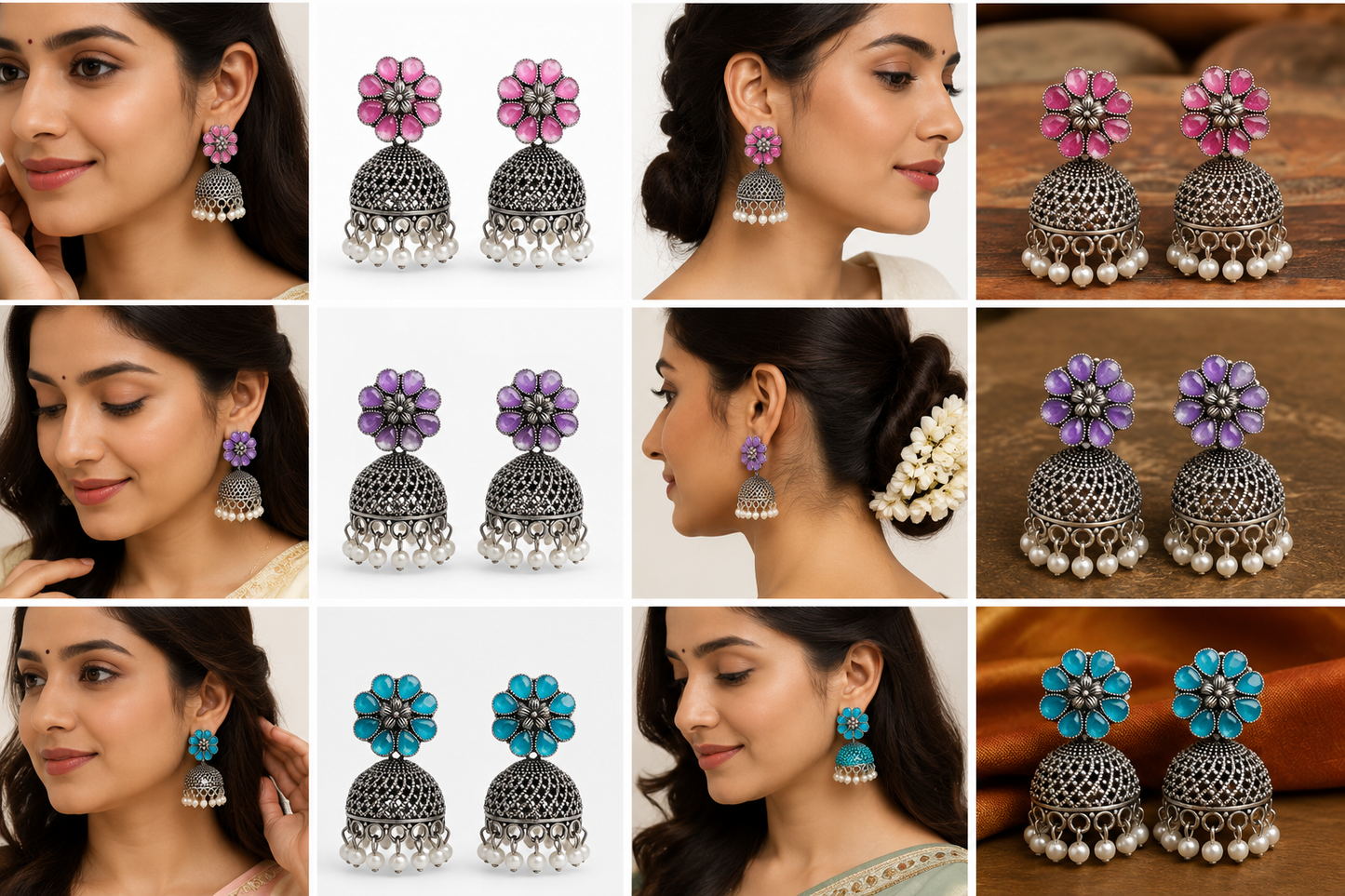 Women's Traditional Oxidised Silver Plated Floral Jhumka Earrings with Pearl Drops