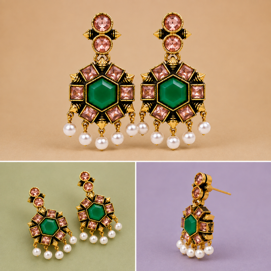 Elegant Green Stone Pearl Drop Earrings for Women
