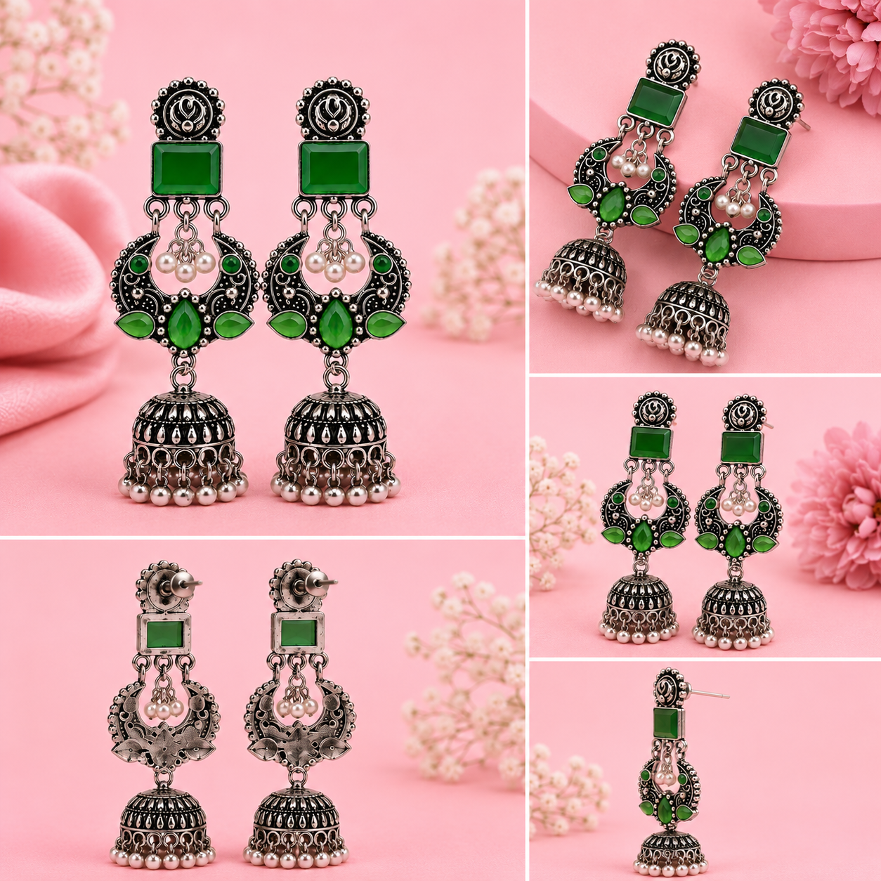 Green Stone Oxidised Silver Jhumka Earrings.