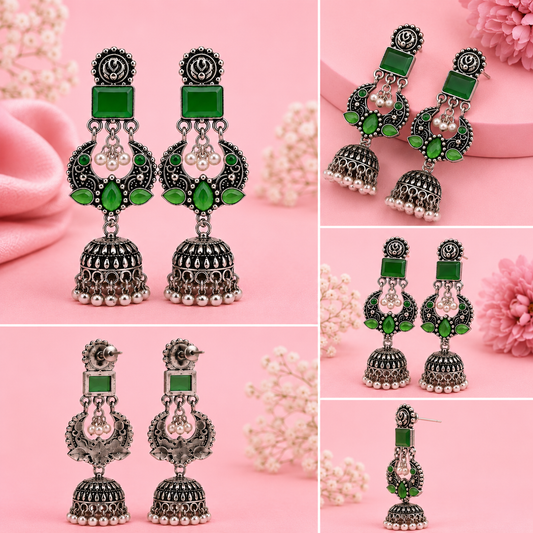 Green Stone Oxidised Silver Jhumka Earrings.