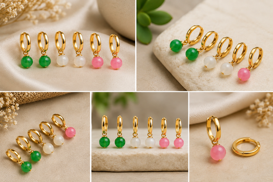Rose Gold Plated Mini Hoop Earrings with Color Beads Combo Pack (Green, White & Pink)