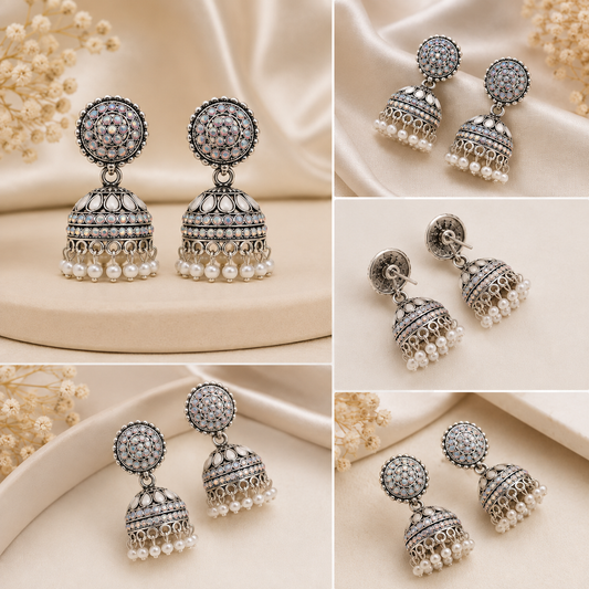 Traditional Silver Plated Multicolor Jhumka Earrings for Women & Girls