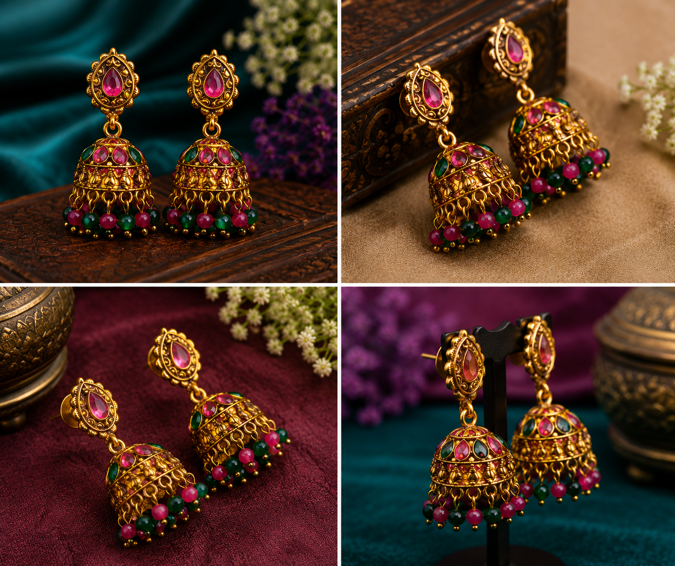 Gold-Tone Pink & Green Stone Jhumka Earrings