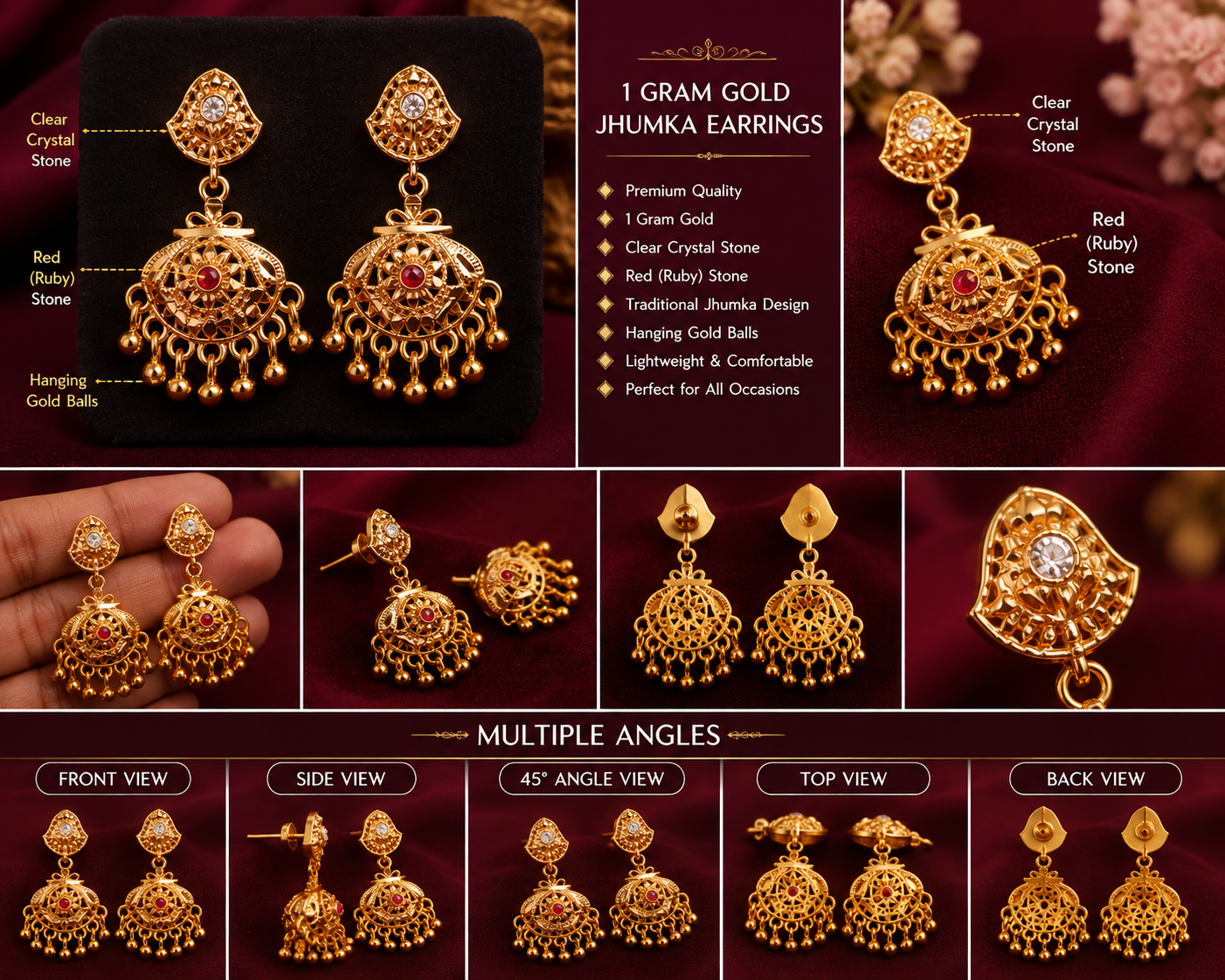 1 Gram Gold Designer Jhumka Earrings – 2 Stone Variants