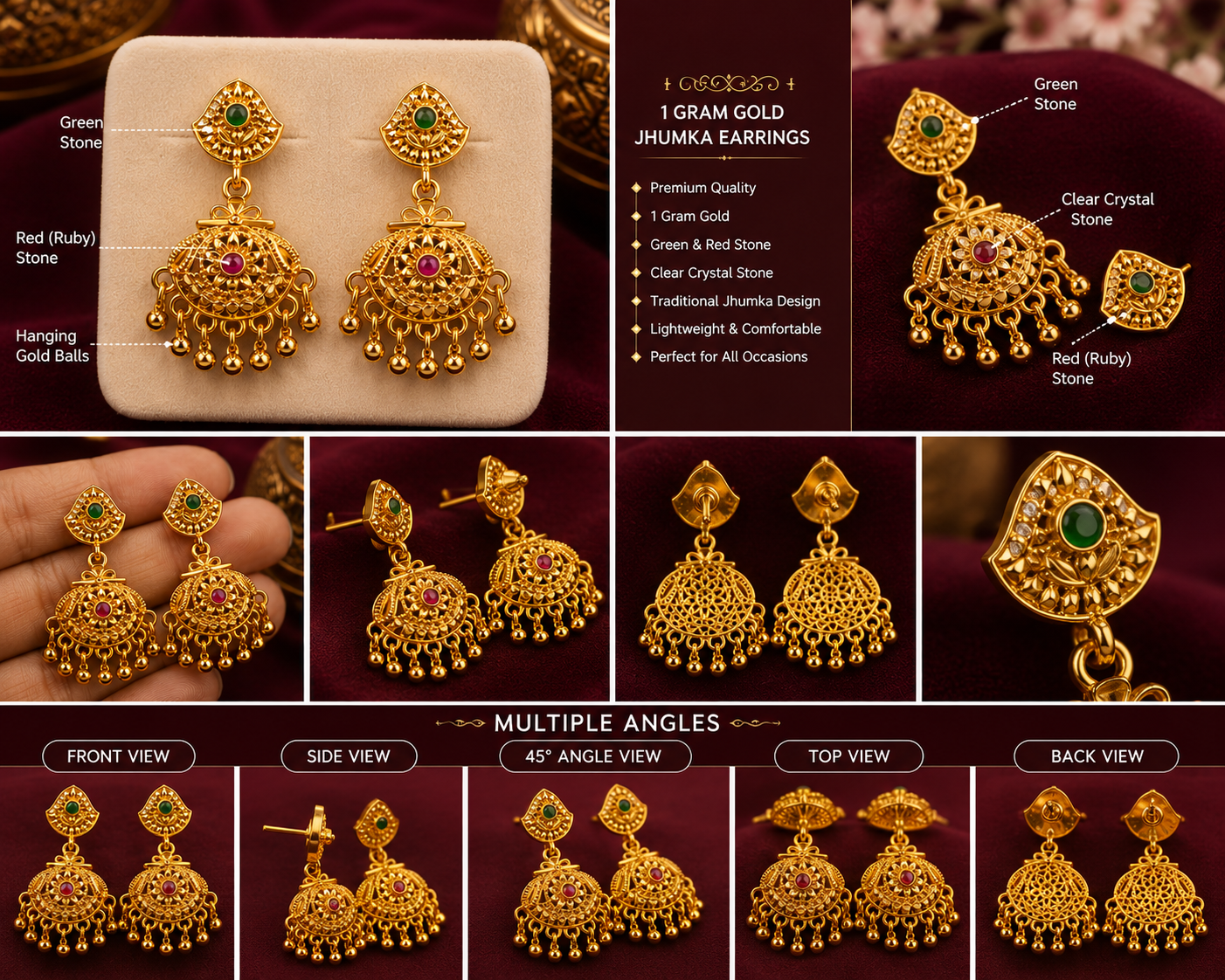 1 Gram Gold Designer Jhumka Earrings – 2 Stone Variants