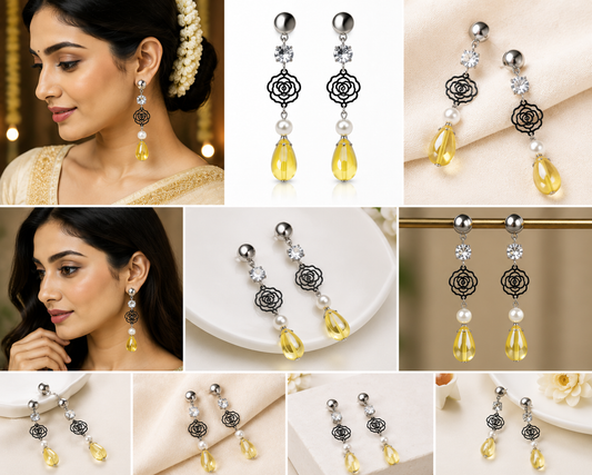 Yellow Transparent Stone Floral Drop Earrings for Women