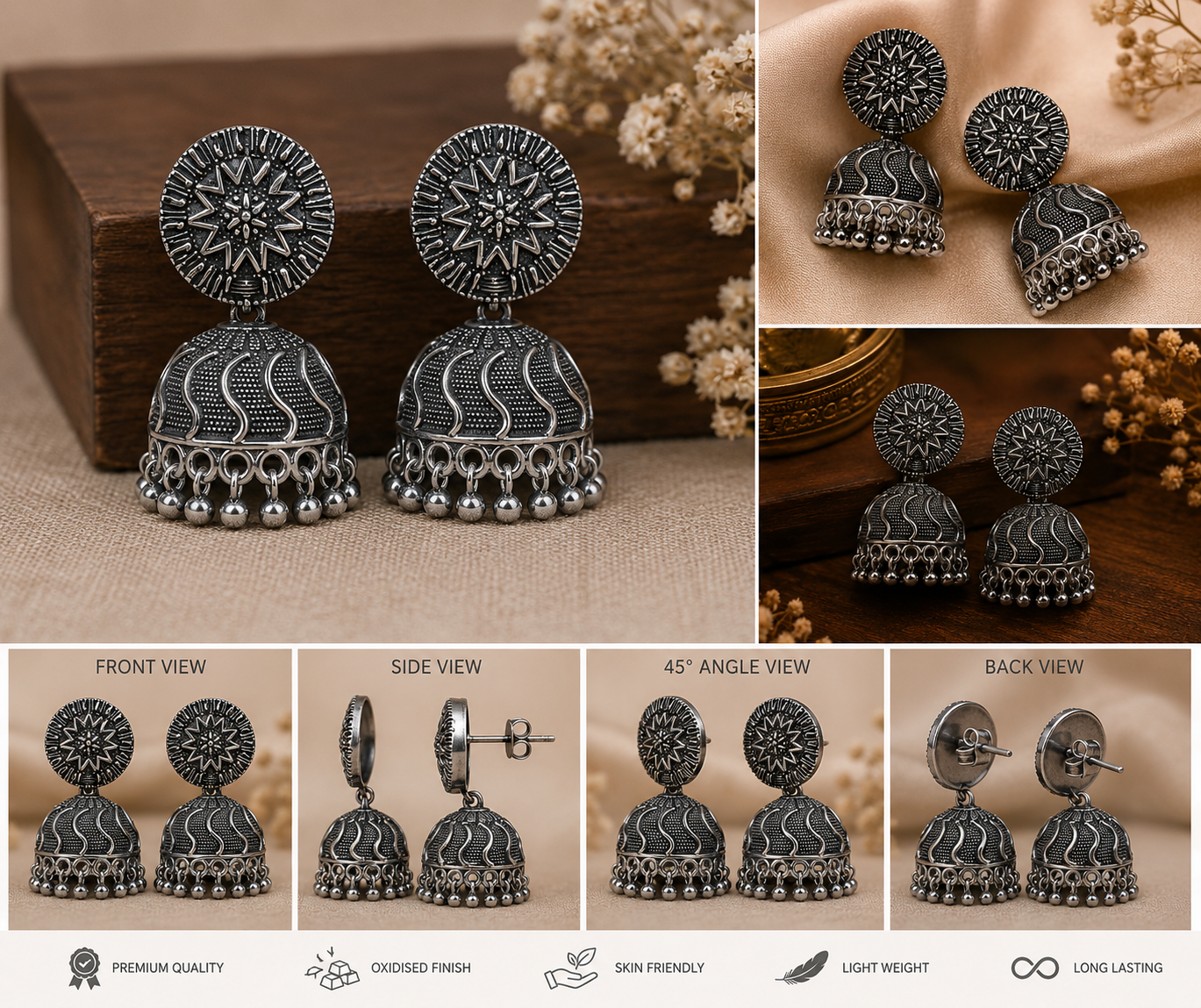 Oxidised Silver Jhumka Earrings