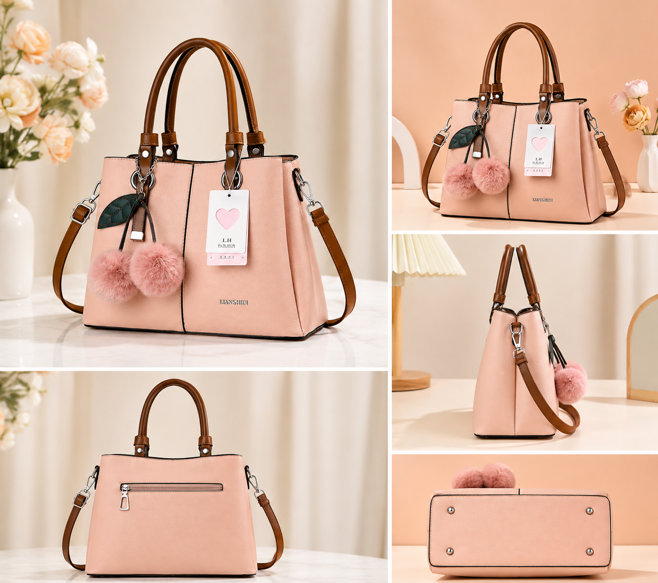 Women’s Elegant Tote Handbag with Sling Strap & Pom-Pom Charm