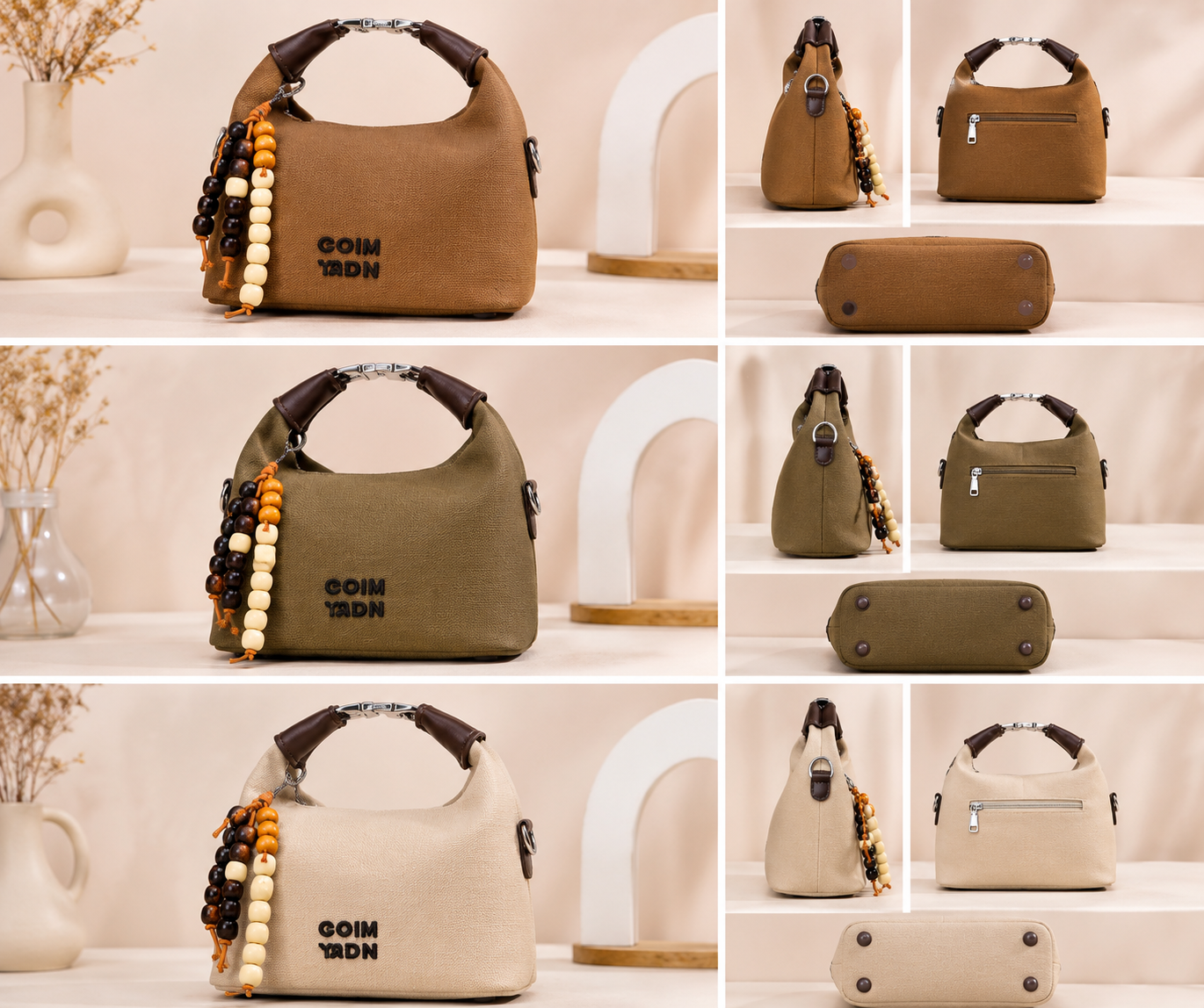 Women’s Casual Textured Handbag with Beaded Charm