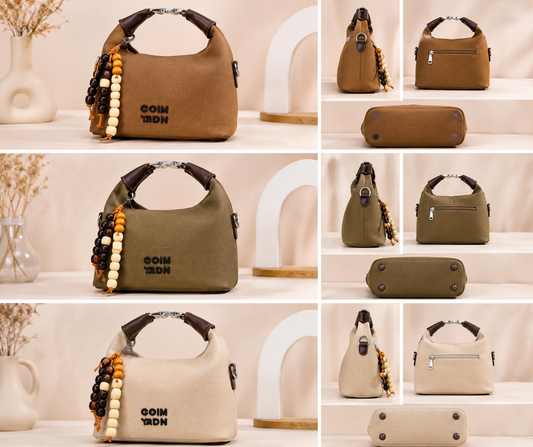 Women’s Casual Textured Handbag with Beaded Charm
