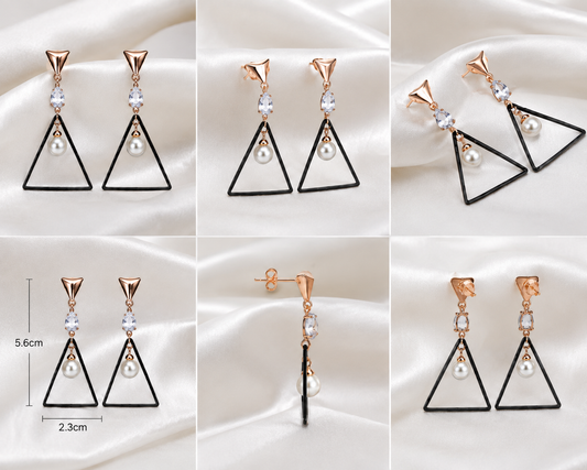 Elegant Rose Gold Geometric Triangle Pearl Drop Earrings for Women & Girls