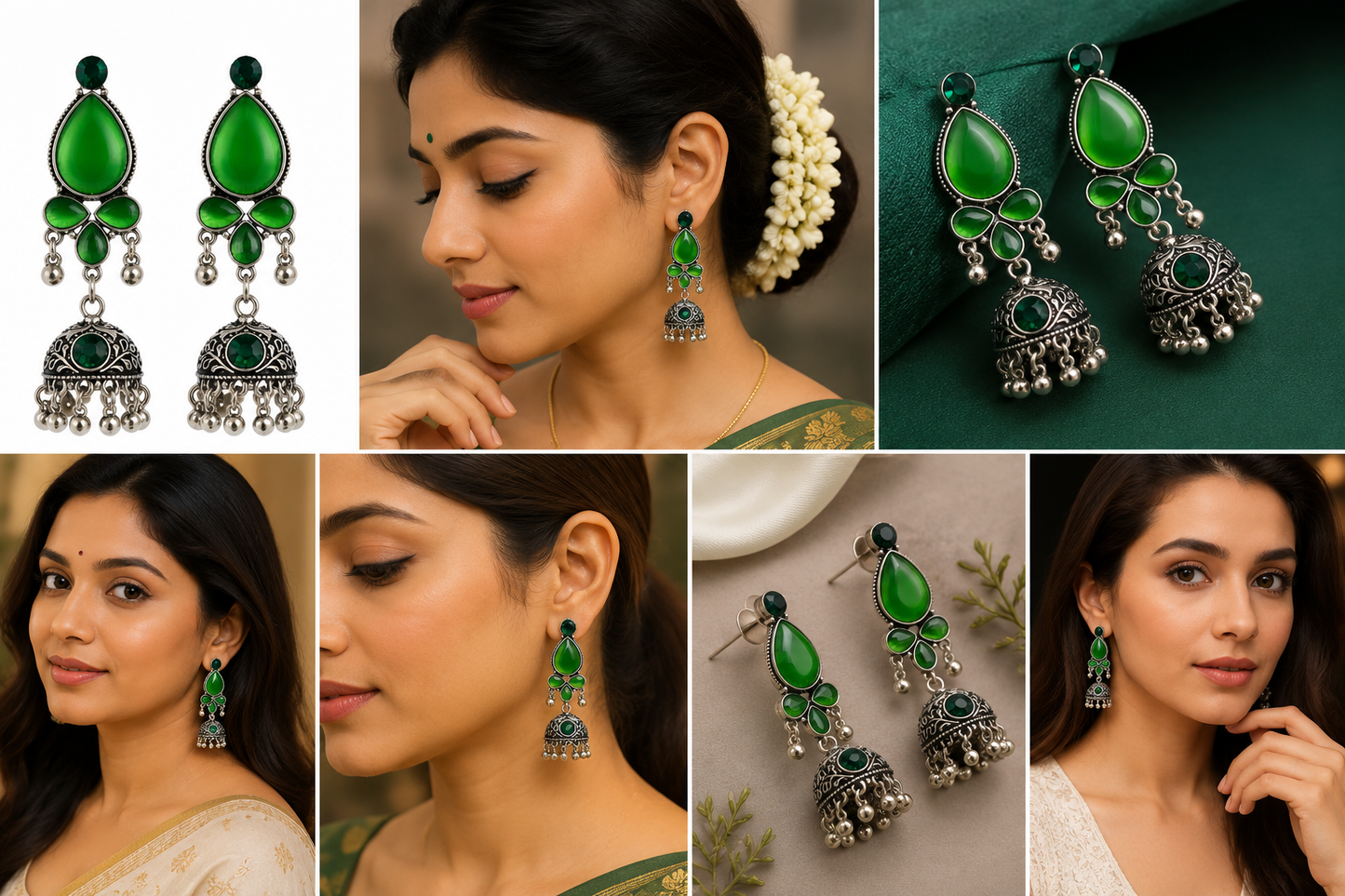 Green Stone Oxidised Jhumka Earrings for Women | Traditional Ethnic Pearl Drop Earrings