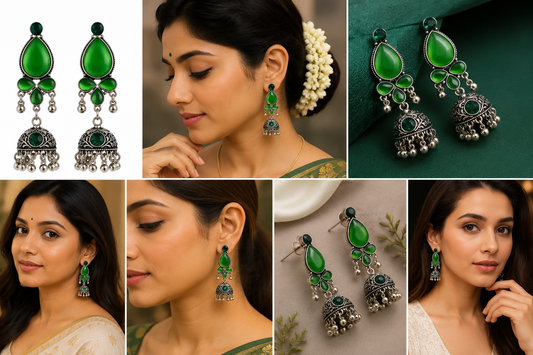 Green Stone Oxidised Jhumka Earrings for Women | Traditional Ethnic Pearl Drop Earrings