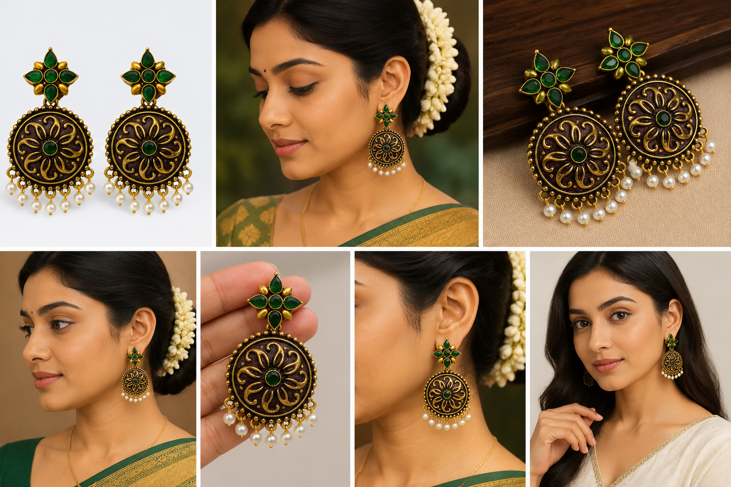Women Antique Gold-Plated Green Stone & Pearl Drop Earrings for Traditional Wear