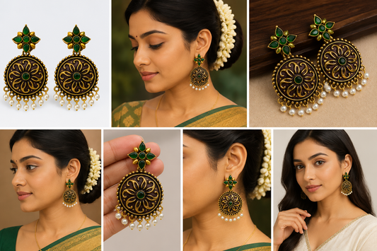 Women Antique Gold-Plated Green Stone & Pearl Drop Earrings for Traditional Wear