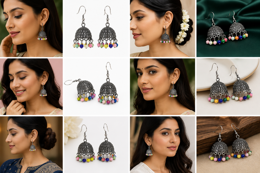 Traditional Oxidised Silver Plated Multicolor Beaded Jhumka Earrings for Women & Girls