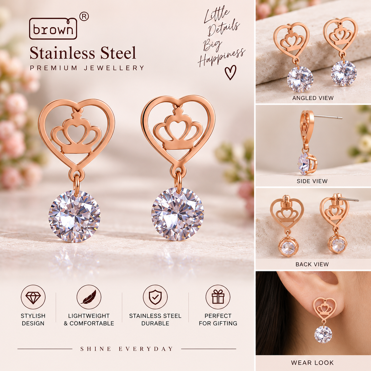 Stainless Steel Heart Crown Drop Earrings with Sparkling Stone
