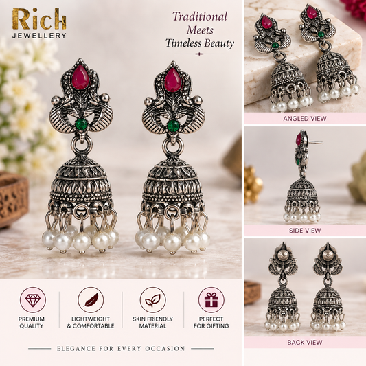 Oxidized Silver Jhumka Earrings with Red, Green Stone & Pearl Detailing