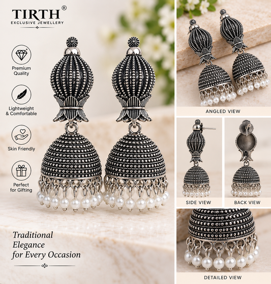 Oxidized Silver Jhumka Earrings with Pearl Drops