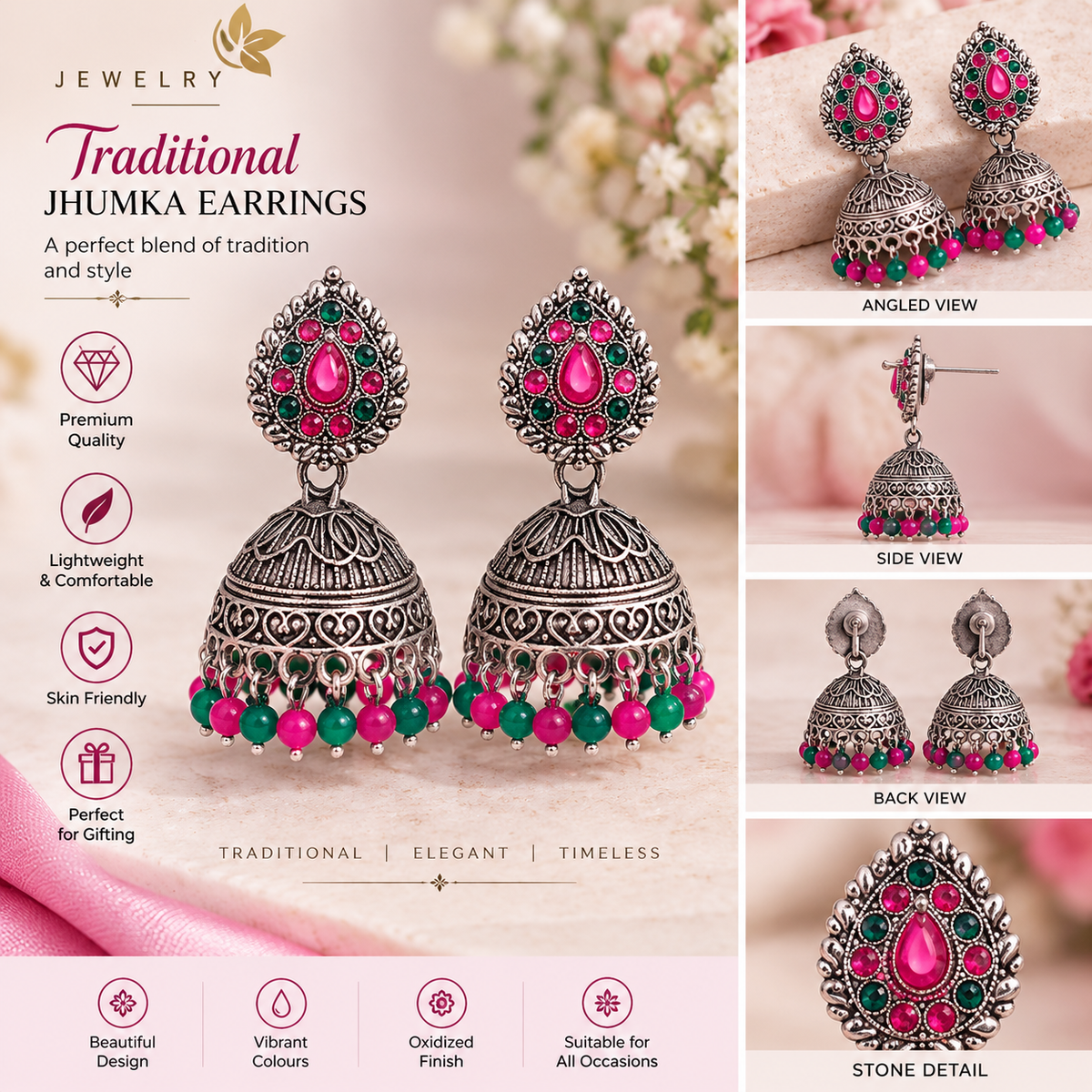 Oxidized Silver Jhumka Earrings