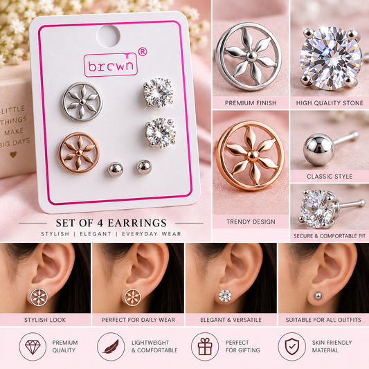 Stylish Flower Design & Sparkling Stone Earrings Set – Set of 4