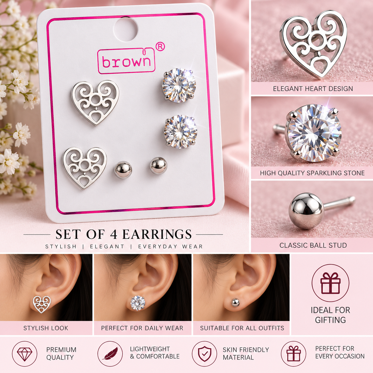Elegant Heart Design & Sparkling Stone Earrings Set – Set of 4