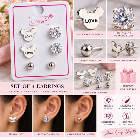 Elegant LOVE Design & Sparkling Stone Earrings Set – Set of 4