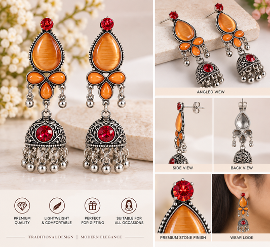 Elegant Traditional Jhumka Earrings with Red and Orange Stone Work