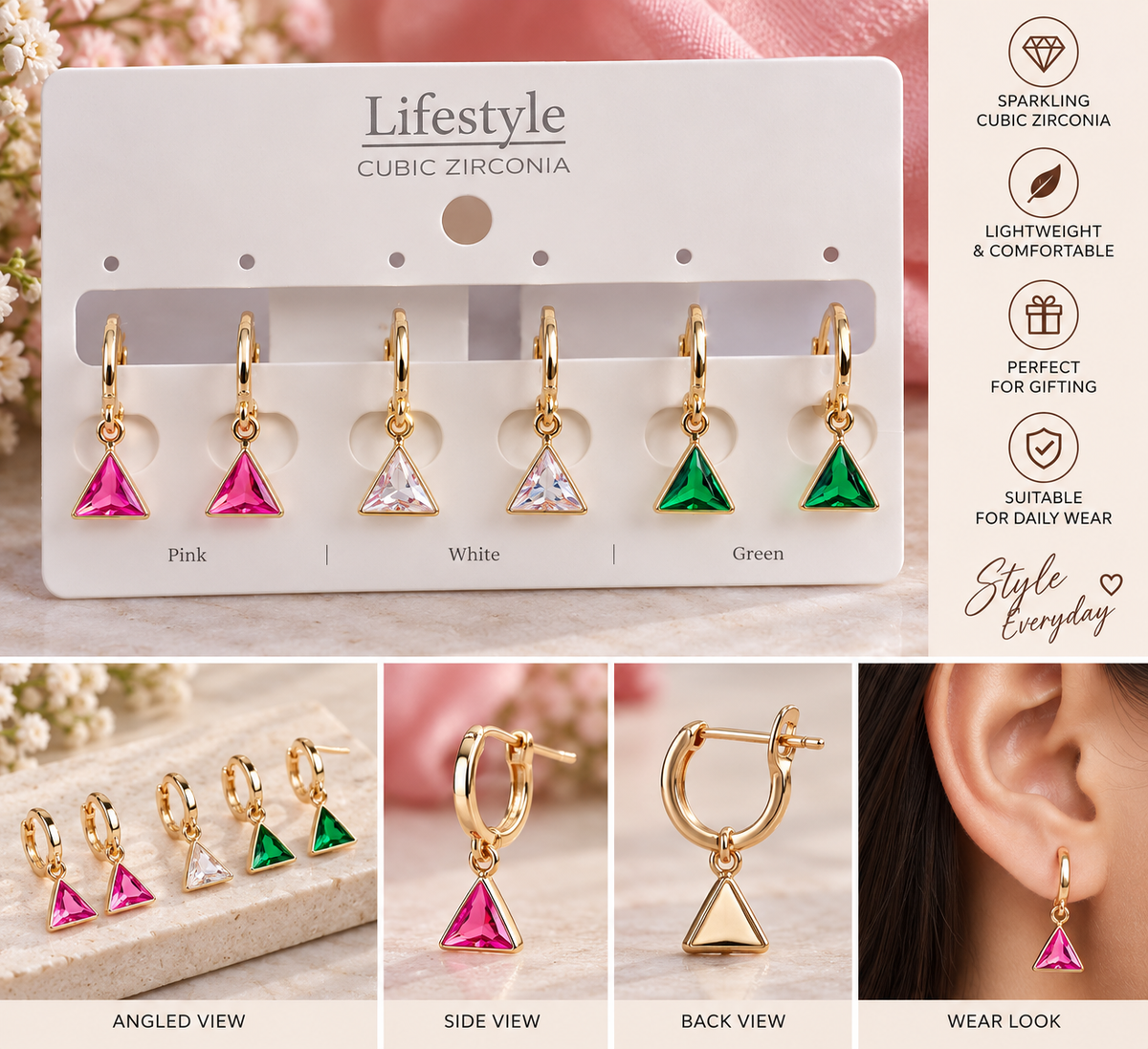 Stylish Triangular Cubic Zirconia Hoop Earrings – Set of 3 Colours