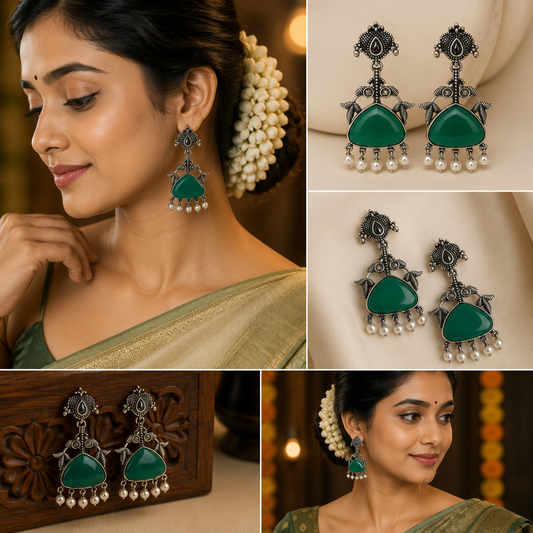 Green and Red Oxidised Pearl Drop Ethnic Chandbali Earrings for Women