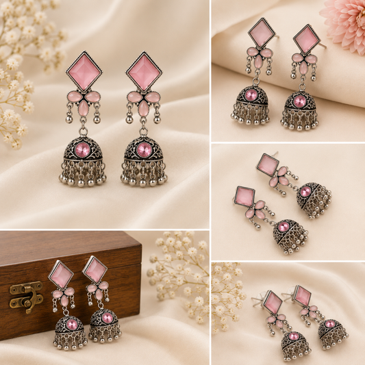 Elegant Pink Stone Oxidised Silver Jhumka Earrings